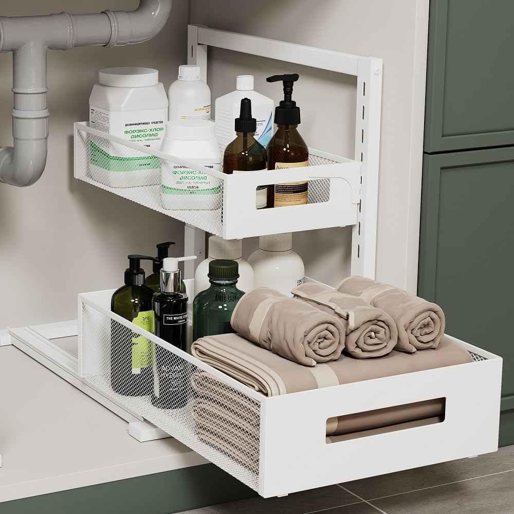 Petiza Under Sink Organizer Adjustable Height 2 Tier Bathroom Organizer Pull ...