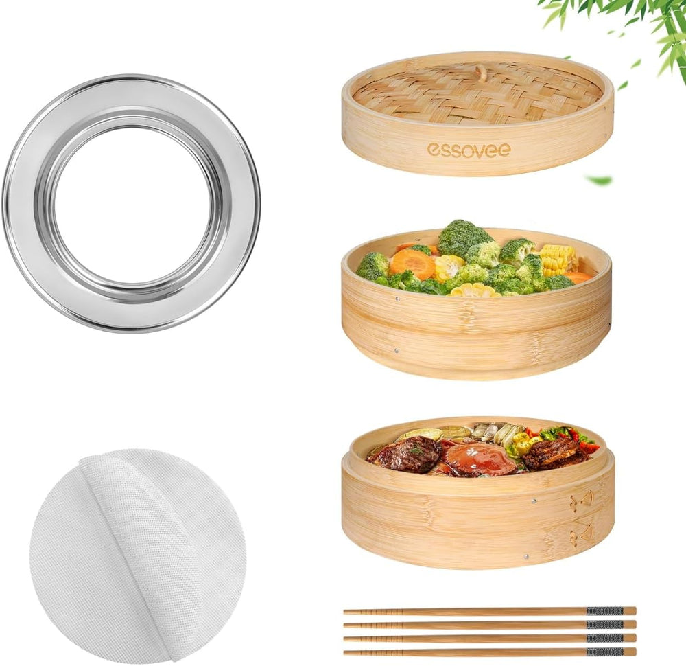 Bamboo Steamer 2 Tier 10-Inch Steaming Basket, Bun Vegetable Steam, Dumpling ...