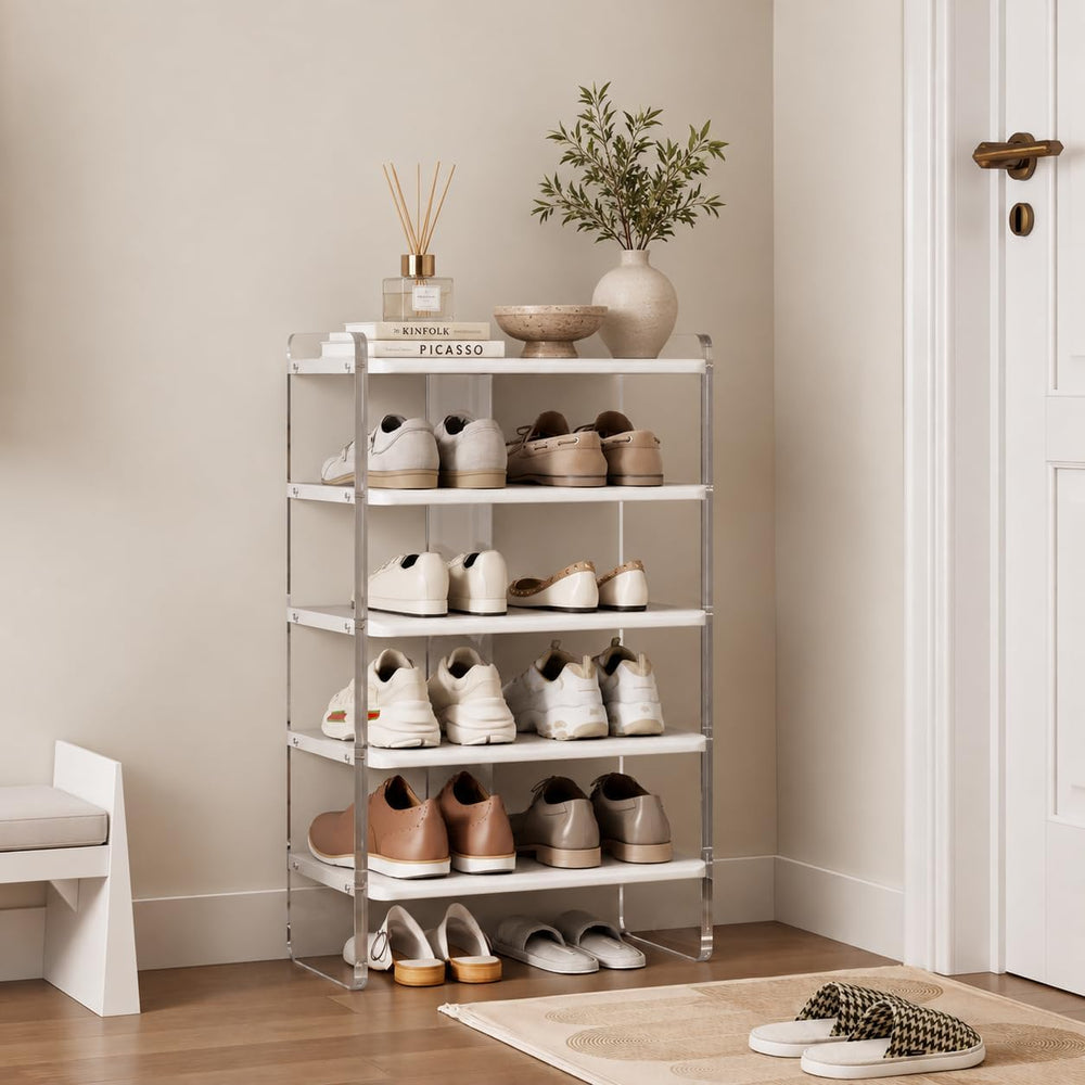 5-Tier Shoe Rack, Wood Acrylic Shoe Shelf, White, 18.9" W