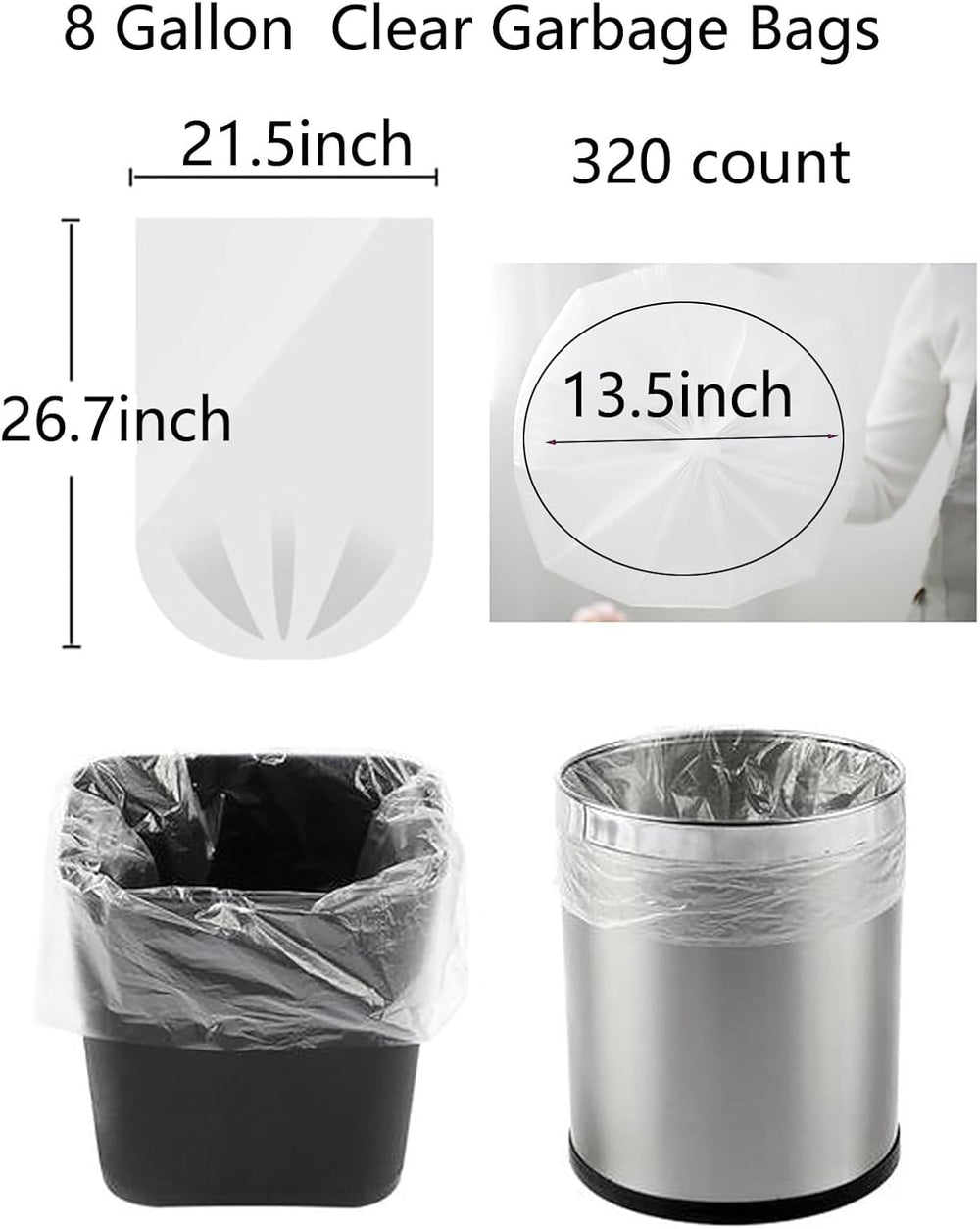 320 Count 8 Gallon Trash Bags Clear Medium Garbage Bags Strong, Leakage-Free,...