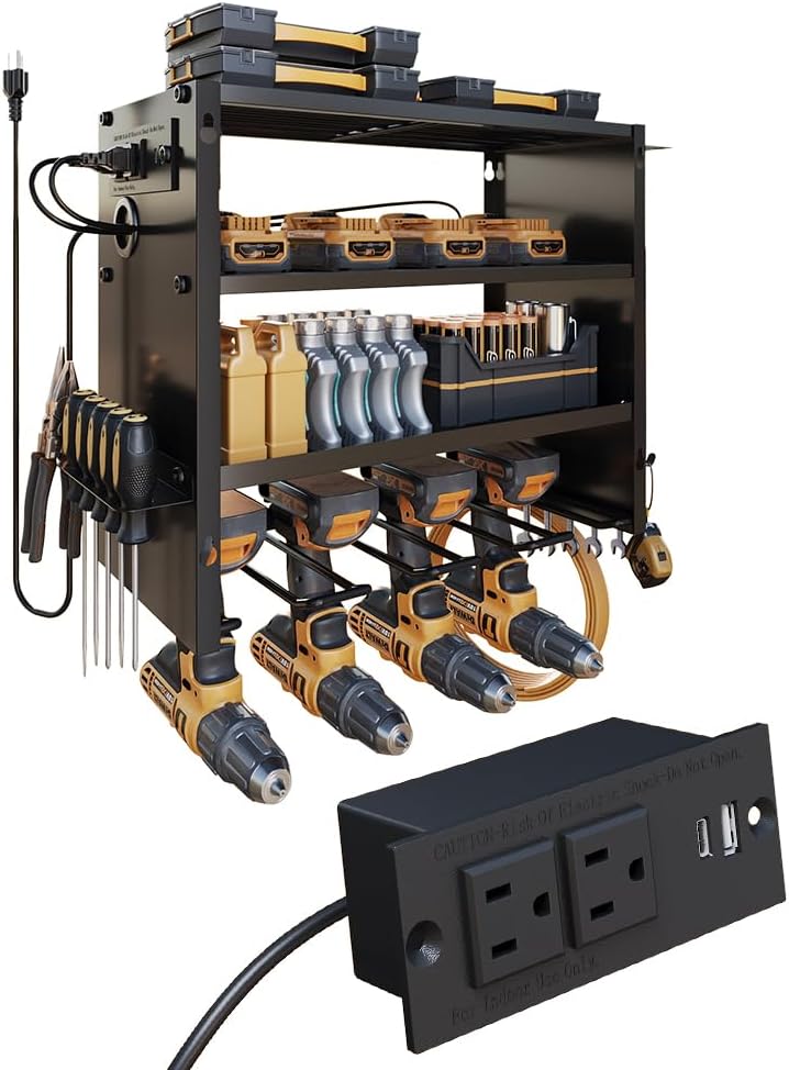 Power Tool Organizer Wall Mount with Power Strip, 4 Layers