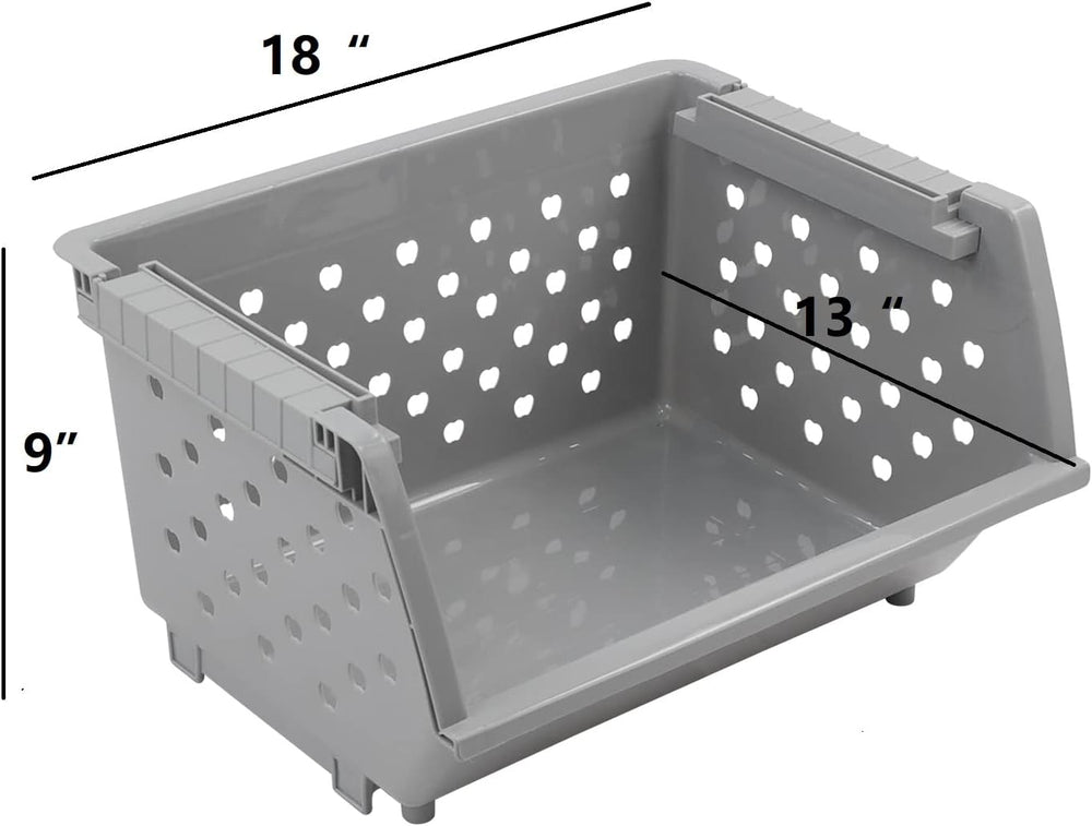 3 Pack Stacking Open Front Storage Bins, Gray Stackable Basket