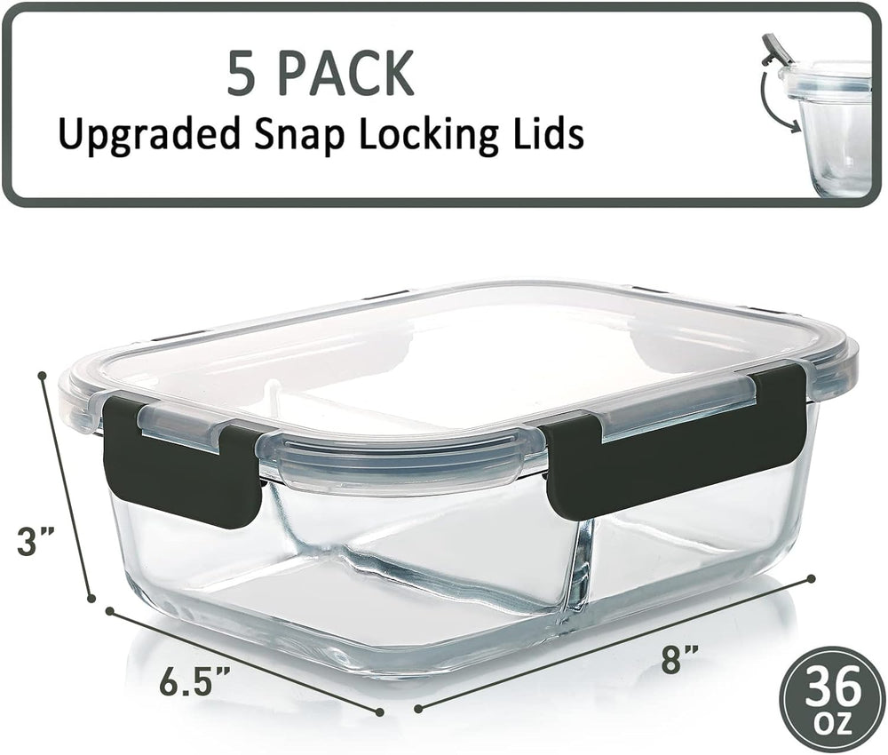 M MCIRCO 5 Pack,36 oz, 2 Compartments Glass Meal Prep Containers with Lids