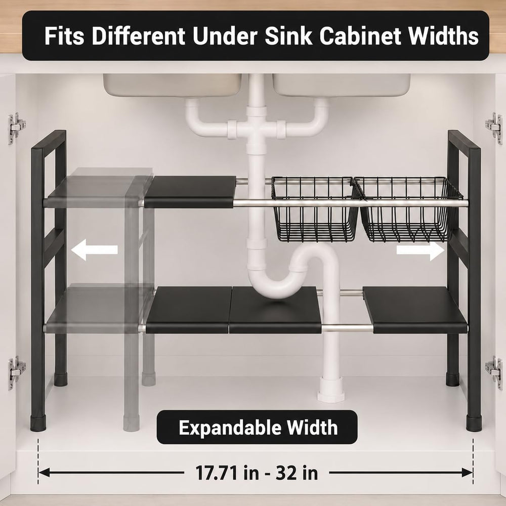 Expandable Under Sink Organizer, 2 Tier Under Sink Shelf, Height Adjustment, ...