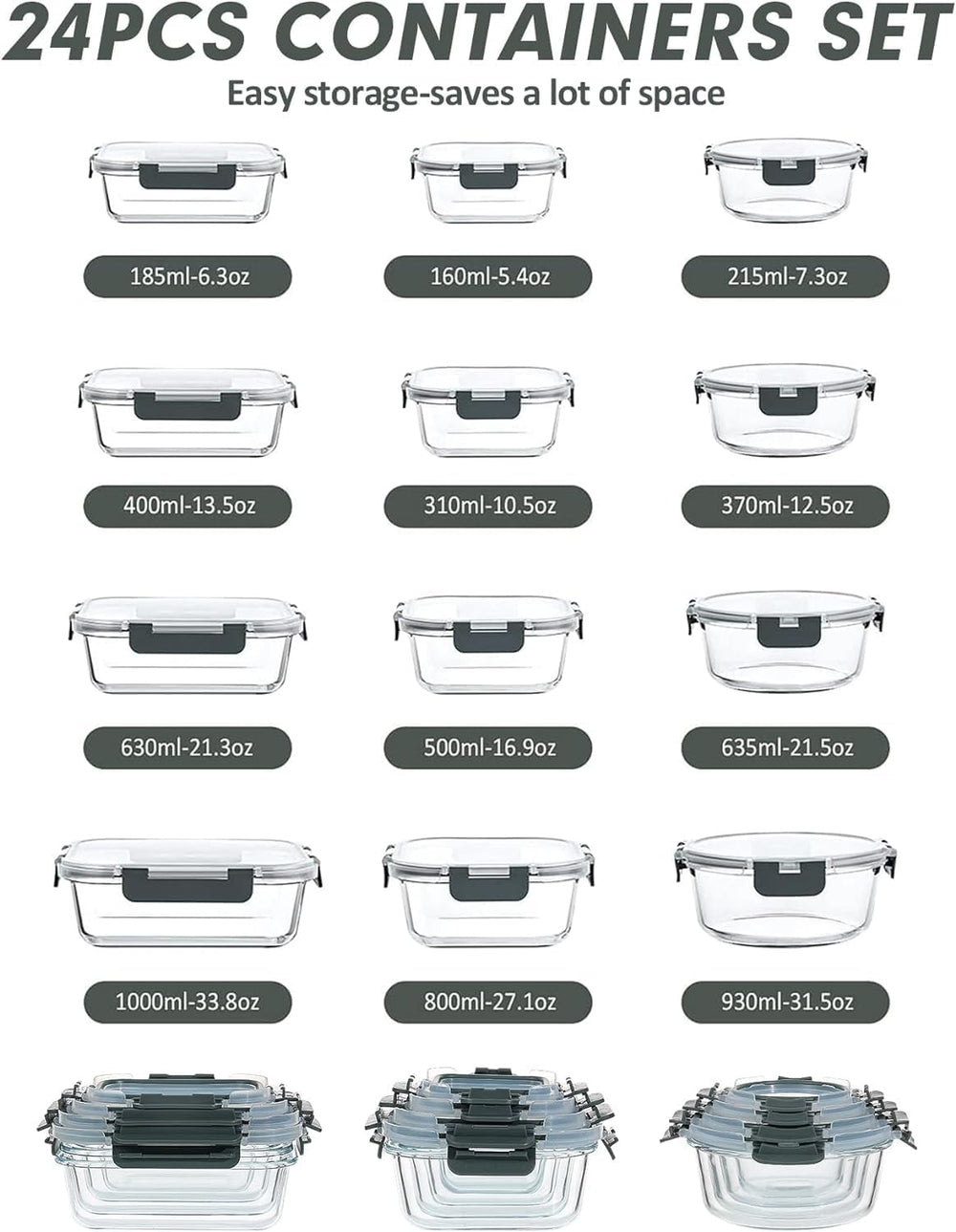 VERONES 12 Packs Glass Food Storage Containers Set with Lids, Grey