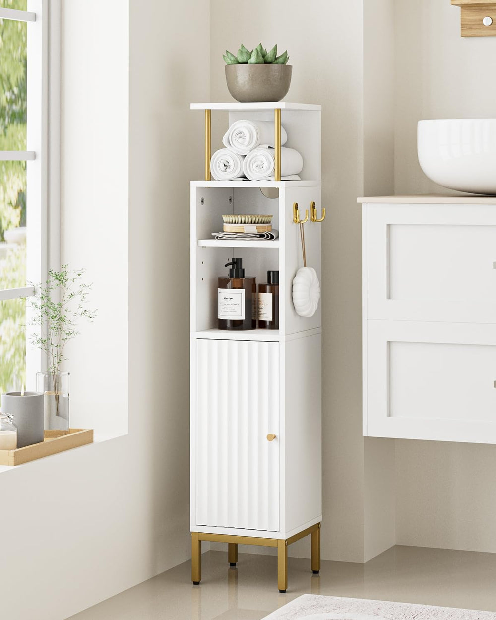 Bathroom Storage Cabinet,Small Corner Floor Cabinet with 2 Hook,Narrow Toilet...