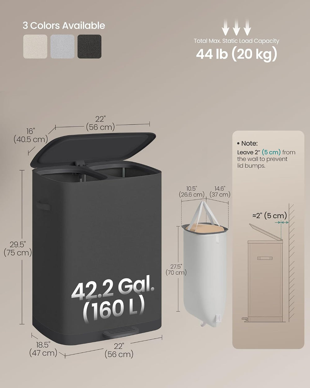 SONGMICS Laundry Hamper with Lid and Pedal, 160L Laundry Basket,2 Sections