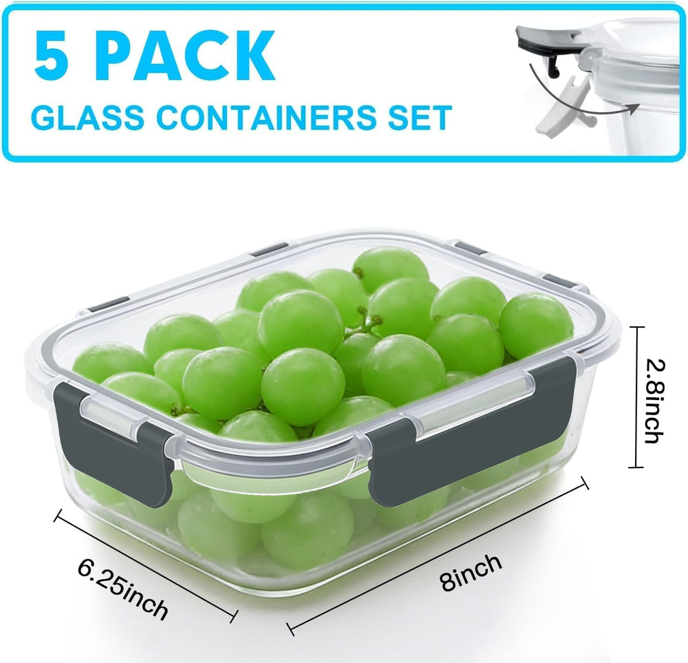 VERONES 5 PACK 36 OZ Glass Meal Prep Containers Set with Lids, Grey