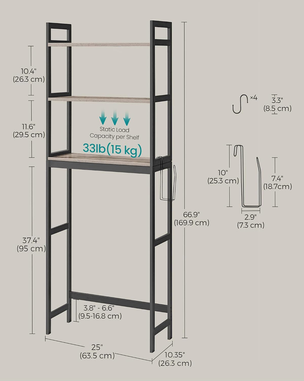 SONGMICS 3-Tier Bamboo Over The Toilet Storage, Adjustable Shelf, 66.9'