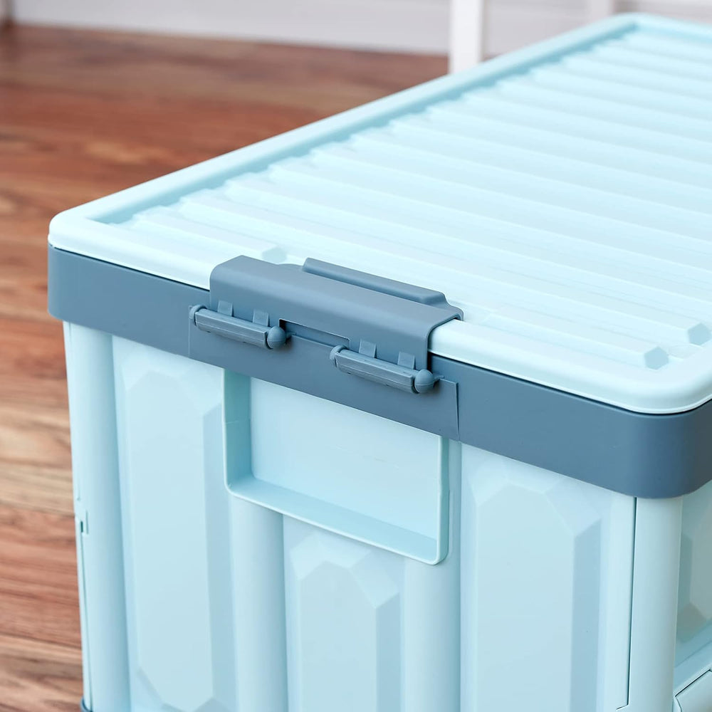 Blue Folding Plastic Stackable Utility Crates 2-Pack, Collapsible Storage Bin...
