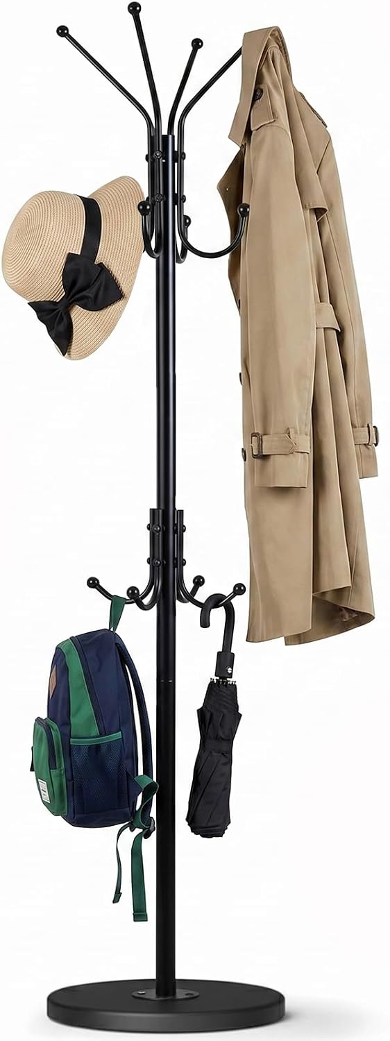 Freestanding Coat Rack, 12 Hook, Black Coat Stand with Wood Base