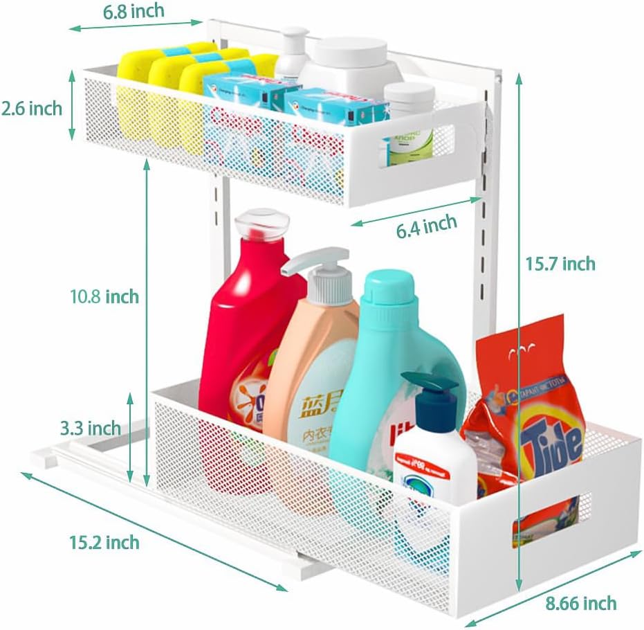 Petiza Under Sink Organizer Adjustable Height 2 Tier Bathroom Organizer Pull ...