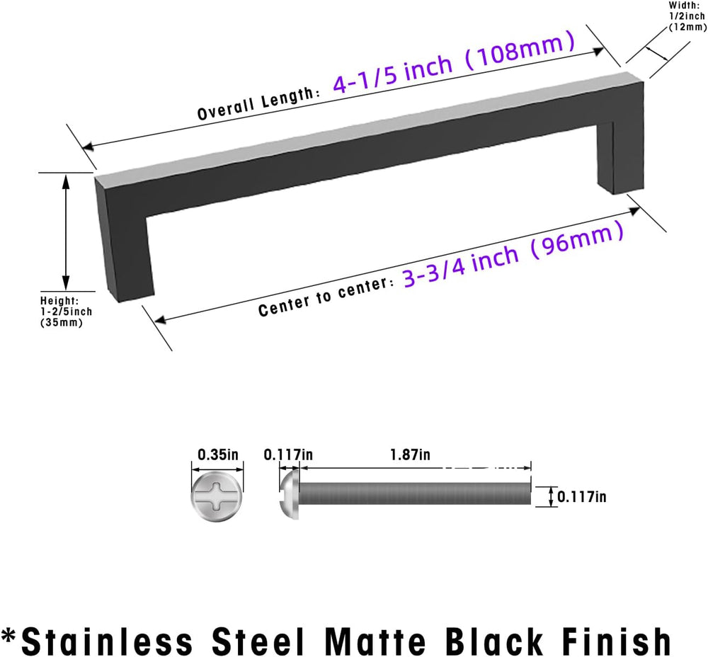 20 Pack 3-3/4 inch (96mm) Hole to Hole Center Matte Black Cabinet Pulls Stain...