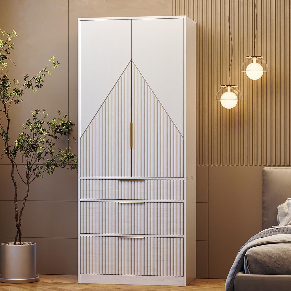 70" Wardrobe Armoire Wooden Closet with 2 Doors and 3 Drawers, Bedroom A...