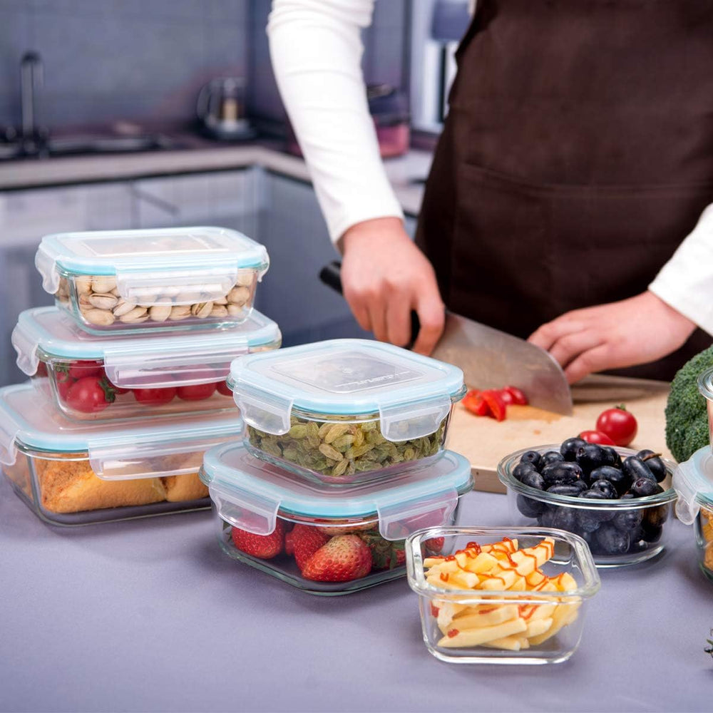 AILTEC Glass Food Storage Containers with Lids 9 Pack, 3 Shape Airtight Set