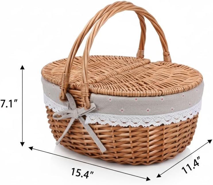 Wicker Picnic Basket with Lid and Handle Sturdy Woven Body with Washable Lini...