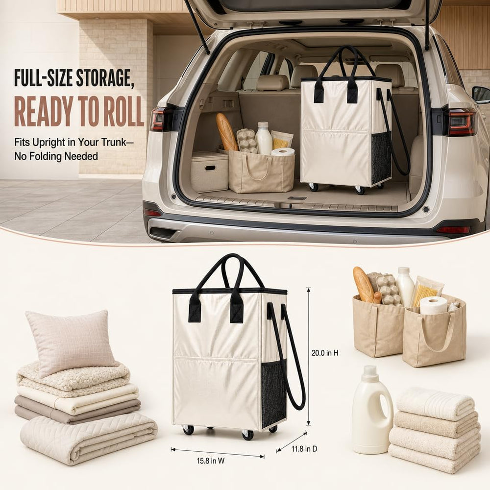 Rolling Grocery Bag on 4 Wheels,18 Gallon Foldable Tote Bag with 4 Handles