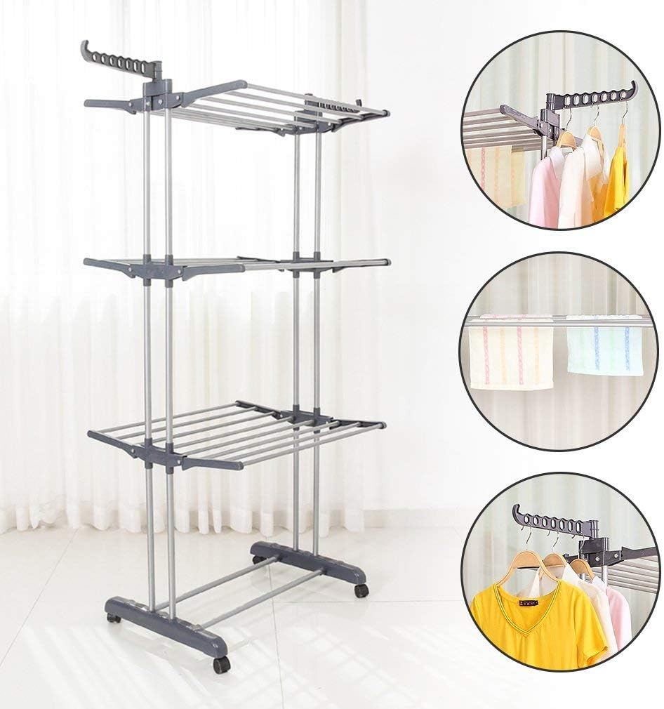 3-Tier Foldable Rolling Clothes Drying Rack with Commercial Grade Wheels Stai...