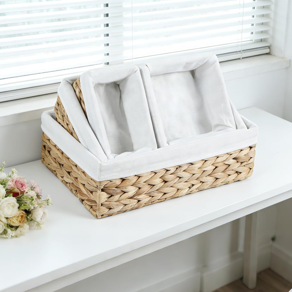 Water Hyacinth Shelf Baskets 4-Pack, Handwoven Wicker Bins with Removable Lin...