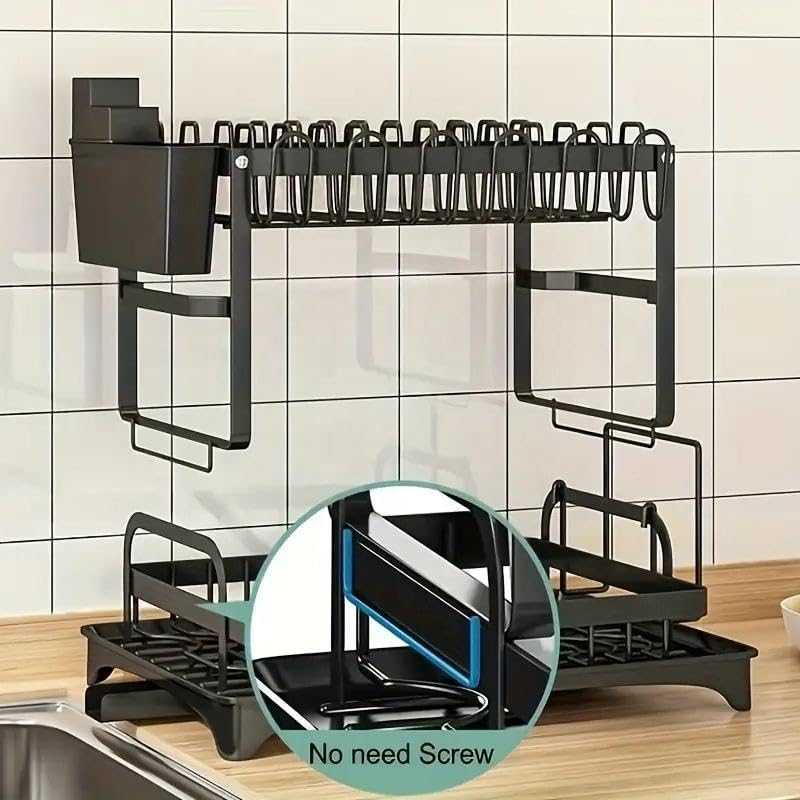 2 Tier Dish Drying Rack Stainless Steel with Auto Drainboard 360° Swivel Spou...