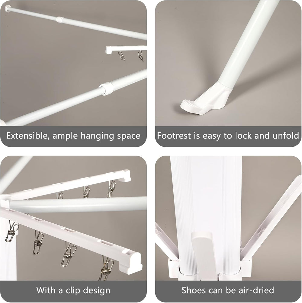 Foldable Four-Legged Clothes Drying Rack Extendable with 16 Clips