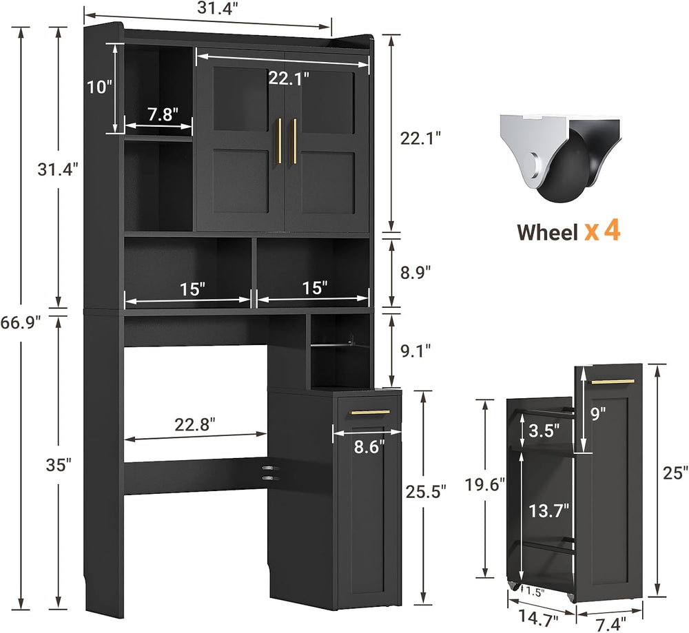 Over The Toilet Storage Cabinet with Pulley & Acrylic Doors, Black