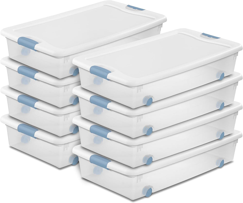 Sterilite 8-Pack Wheeled Latching Box, Plastic Under Bed Storage Bins with Li...