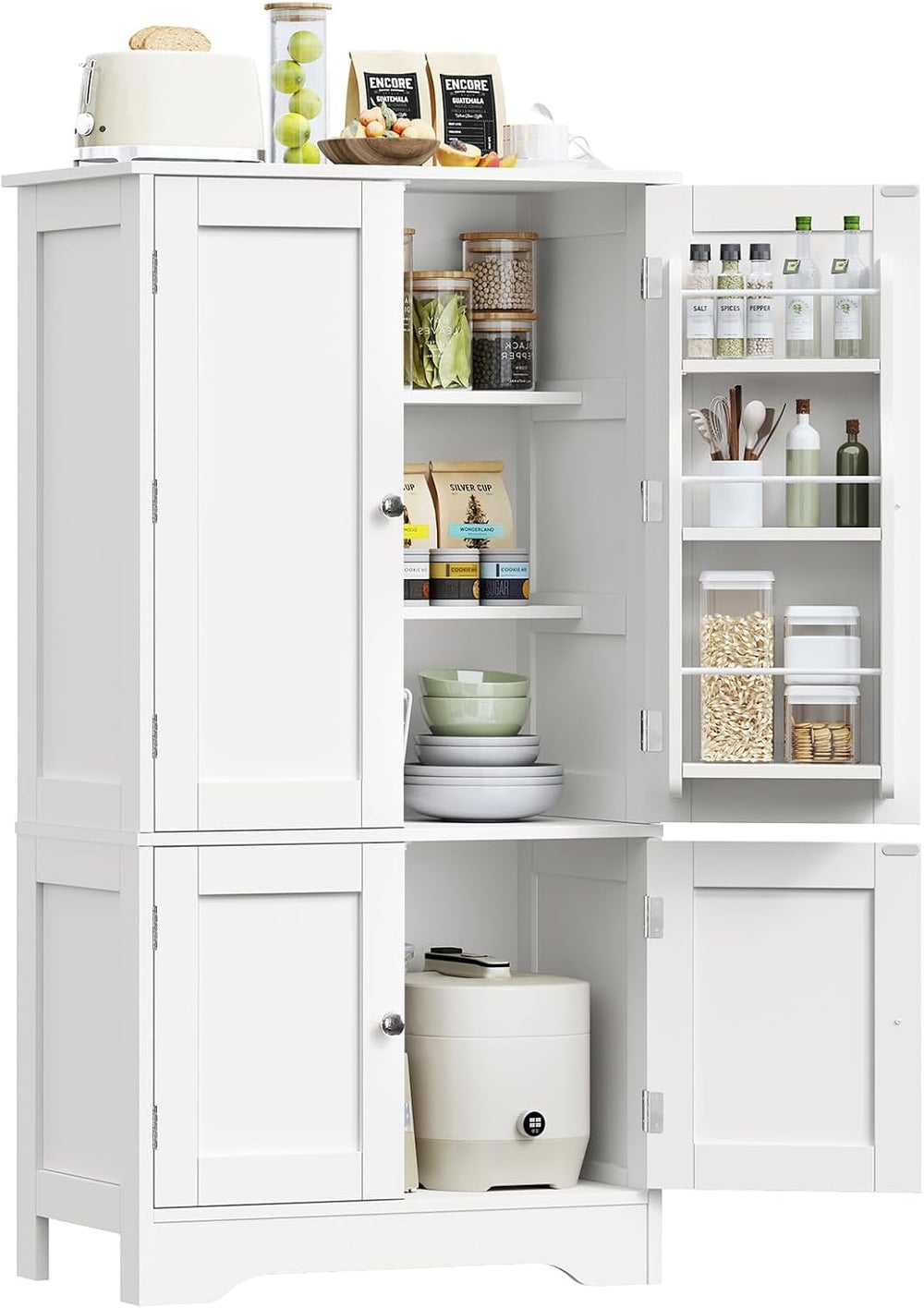 43"H Pantry Cabinet with 4 Doors, Kitchen Cabinet with 6 Door Shelves