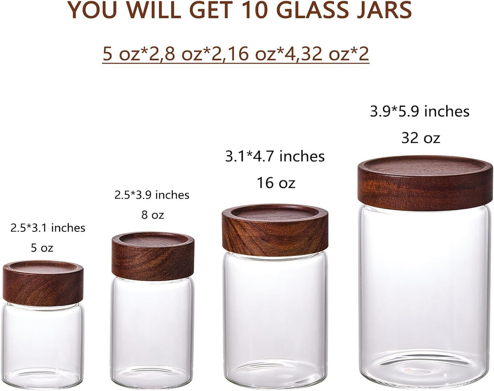 Sweejar 10-Piece Glass Storage Jar Set with Acacia Wood Lids, 5/8/16/32 oz, T...