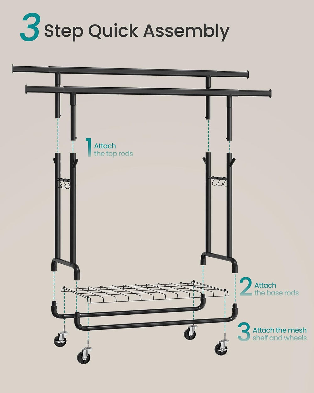 SONGMICS Clothes Rack, Heavy-Duty Rolling Garment Rack with Shelf