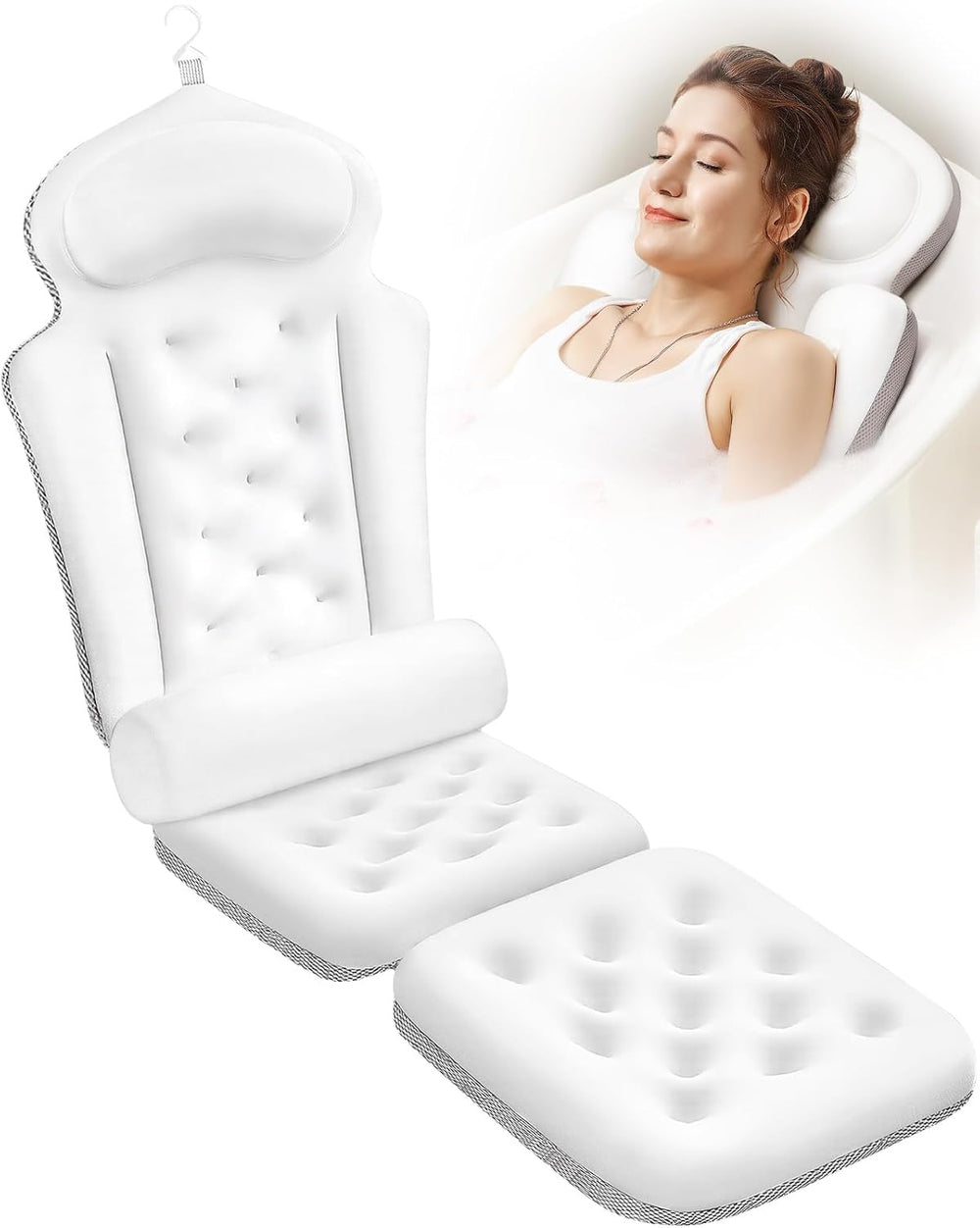 Full Body Bath Pillow for Tub, Thick Bathtub Cushion Mat - Luxury Spa White