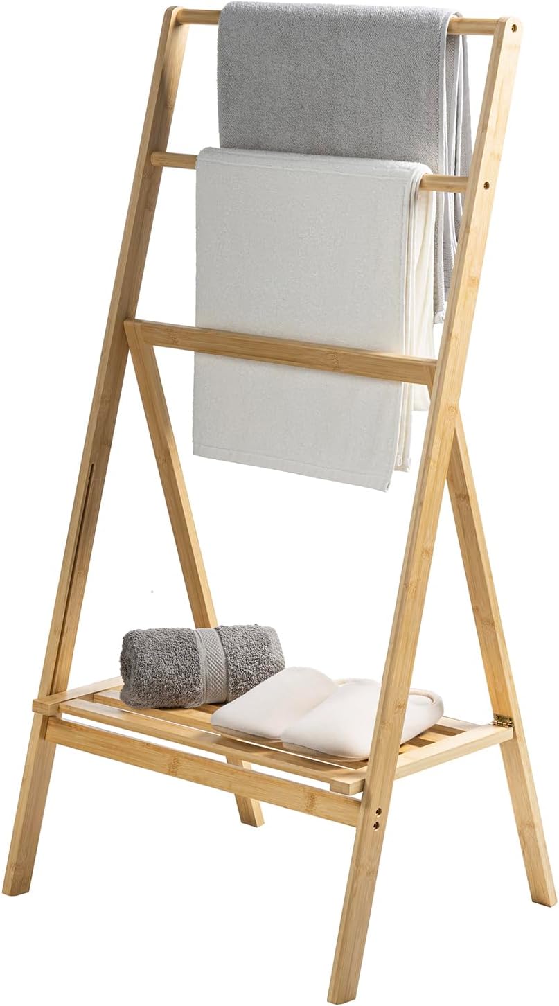 MyGift 3 Tier Bamboo Towel Rack with Shelf, Foldable Freestanding Stand