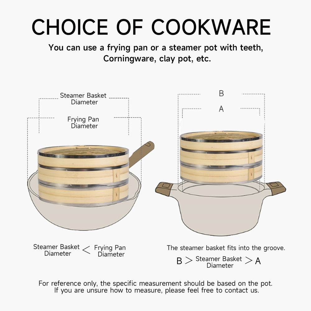 2-Tier Kitchen Bamboo Steamer with Stainless Steel Rings for Asian Cooking | ...