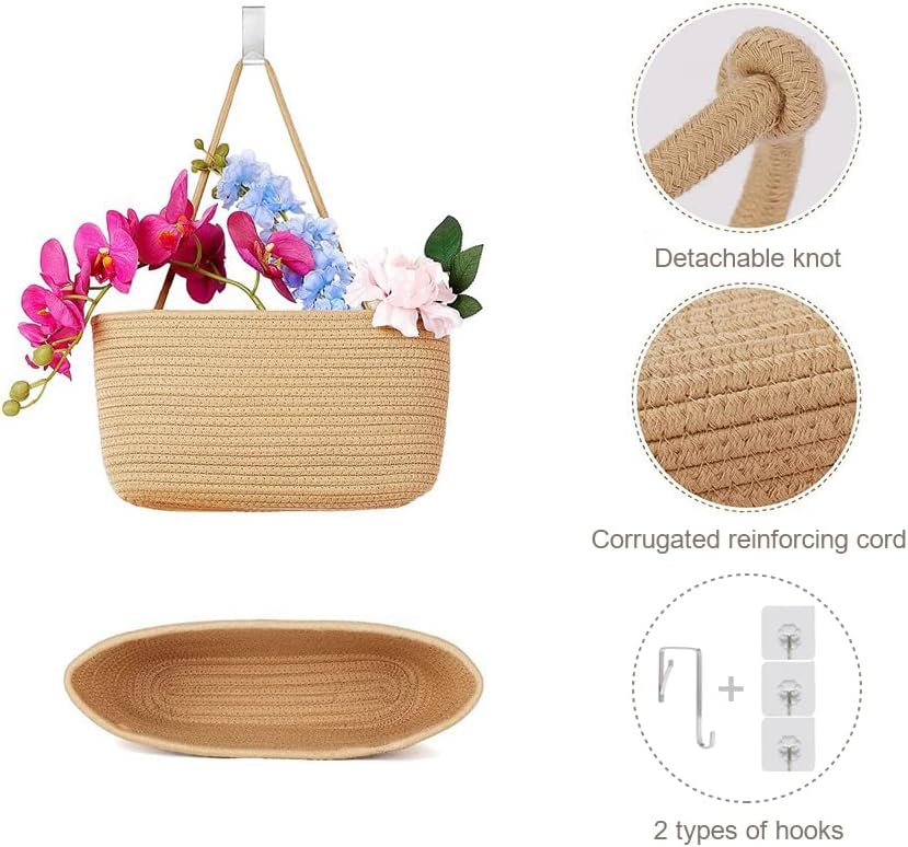Over the Door Hanging Storage Basket 3 Tier Wall Organizer Jute Color