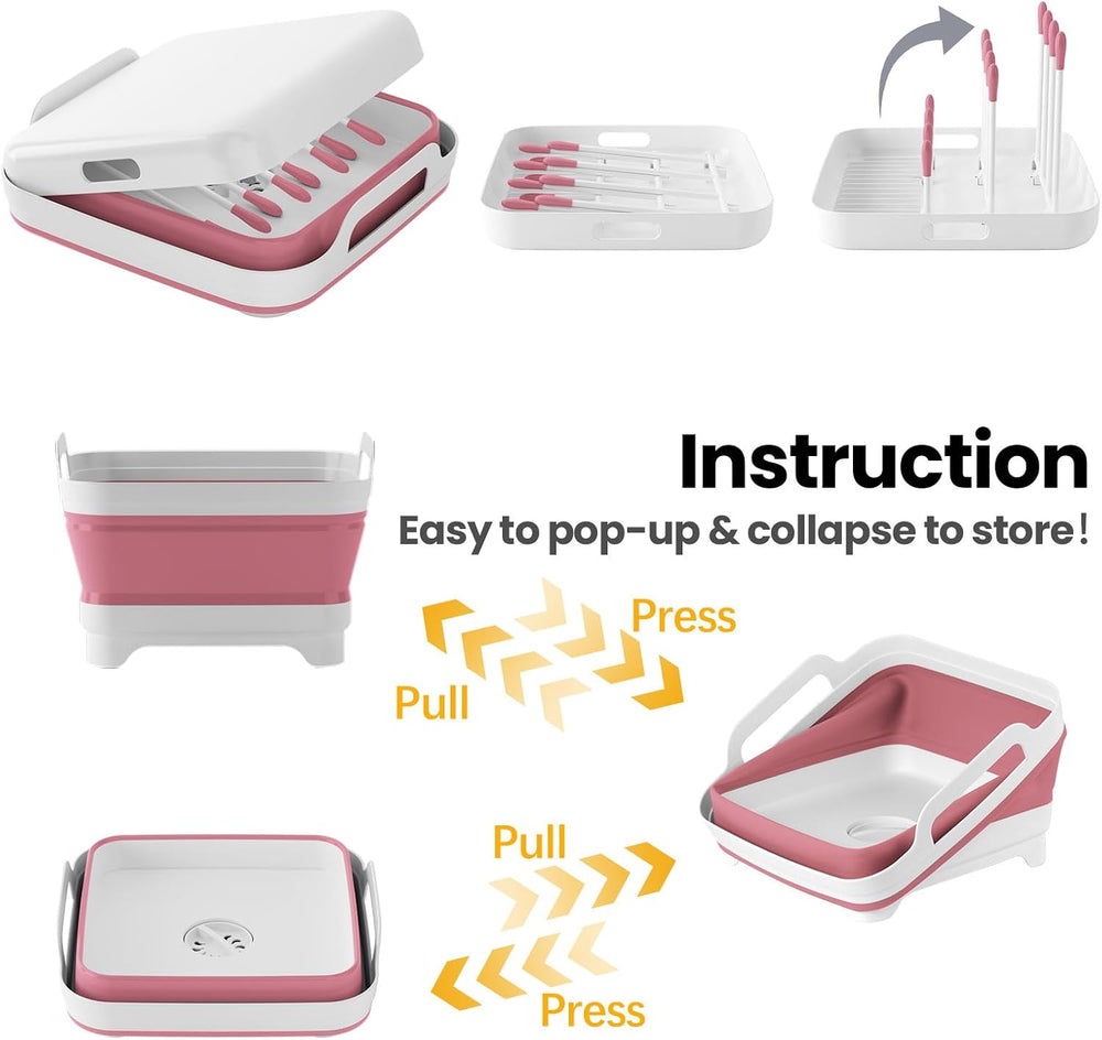 Volnamal Collapsible Wash Basin with Drying Rack & Drain Plug (Pink)