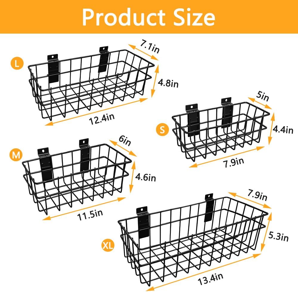 BELLOYON 4Pcs Slatwall Baskets Black 4 Size Metal Slatwall Bins