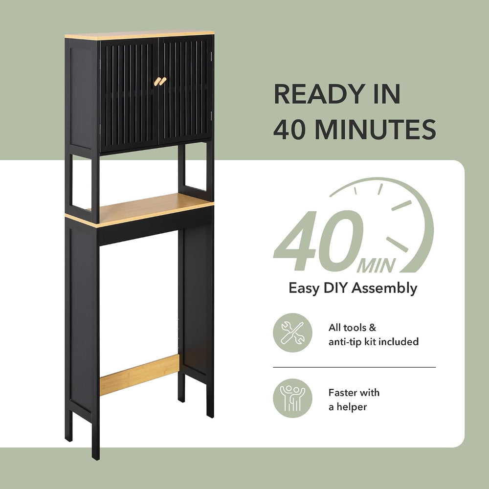 24" x 70" Over-the-Toilet Storage Cabinet with Bamboo Doors, Black