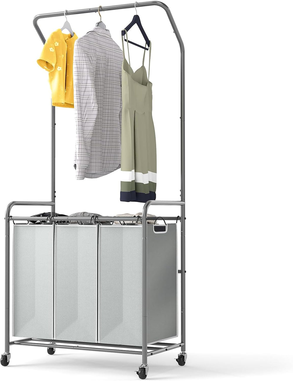 Rolling Laundry Basket Organizer with Hanging Clothes Rack: 3 Section Laundry...