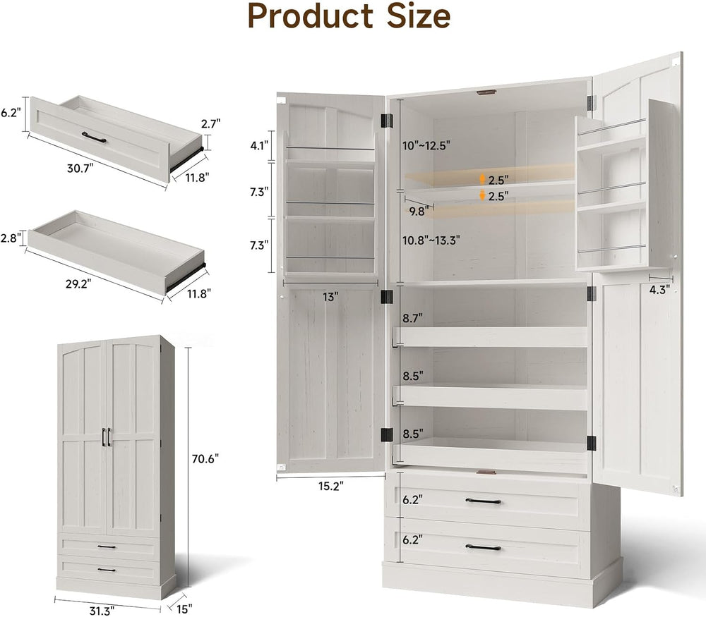 71" Tall Kitchen Pantry Cabinet, Freestanding Storage Cabinet with Drawers
