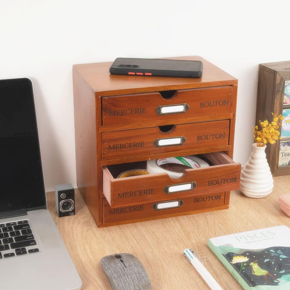 Wooden Storage Box Rustic Desktop Organizer with Drawers/Labels 4 Tier Office...