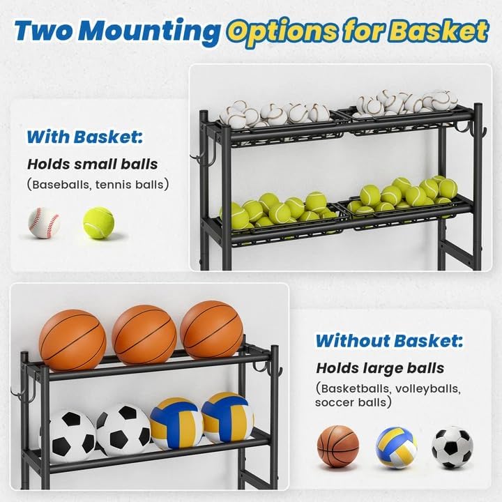 Garage Sports Equipment Organizer with Wheels, All-in-One Ball Storage