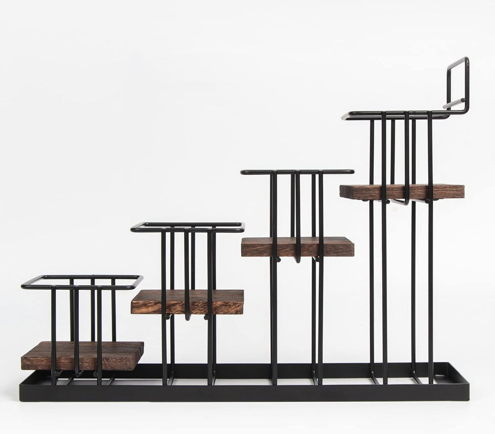 Coffee Syrup Organizer Rack, Rustic Wood and Metal Wire, 4-Tier Display Holde...