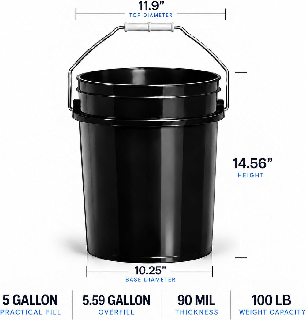 MKS Plastics Black 5-Gallon Heavy-Duty Bucket, No Lid Included, 6-Pack