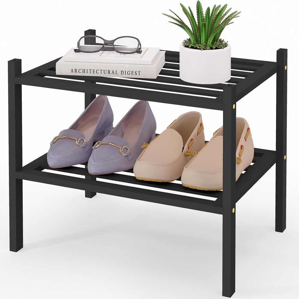 Smiry Bamboo Shoe Rack, 5 Horizontal Slats, 2 Tier - 17.3" Wide, Black