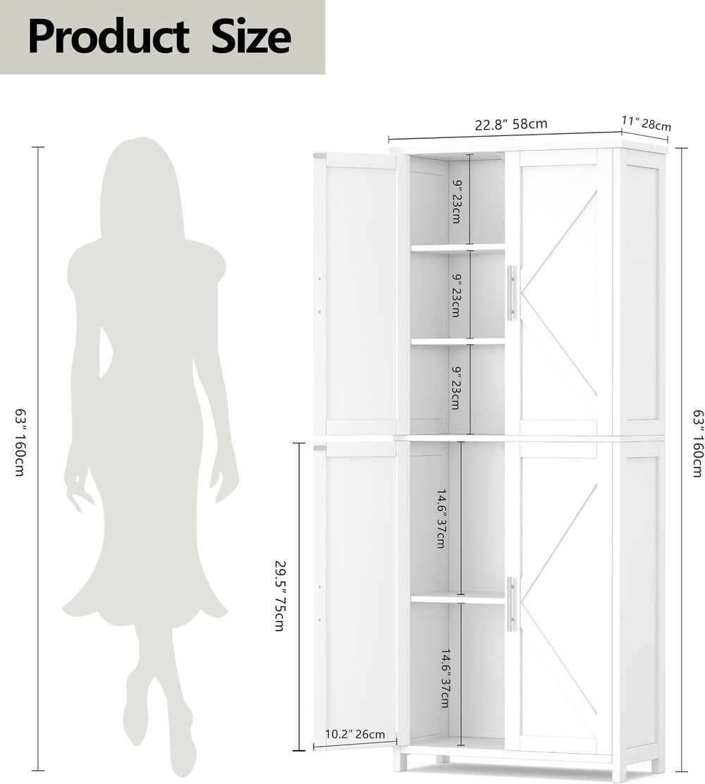 Akxomel 63''H Tall Farmhouse Bathroom Storage Cabinet with 4 Doors White