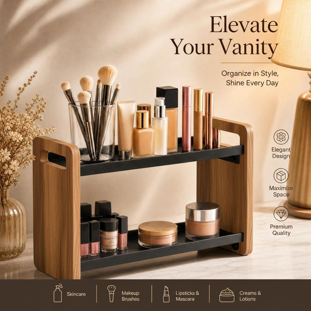 Narrow Solid Wood Bathroom Counter Organizer, Space-Saving Bathroom Storage R...