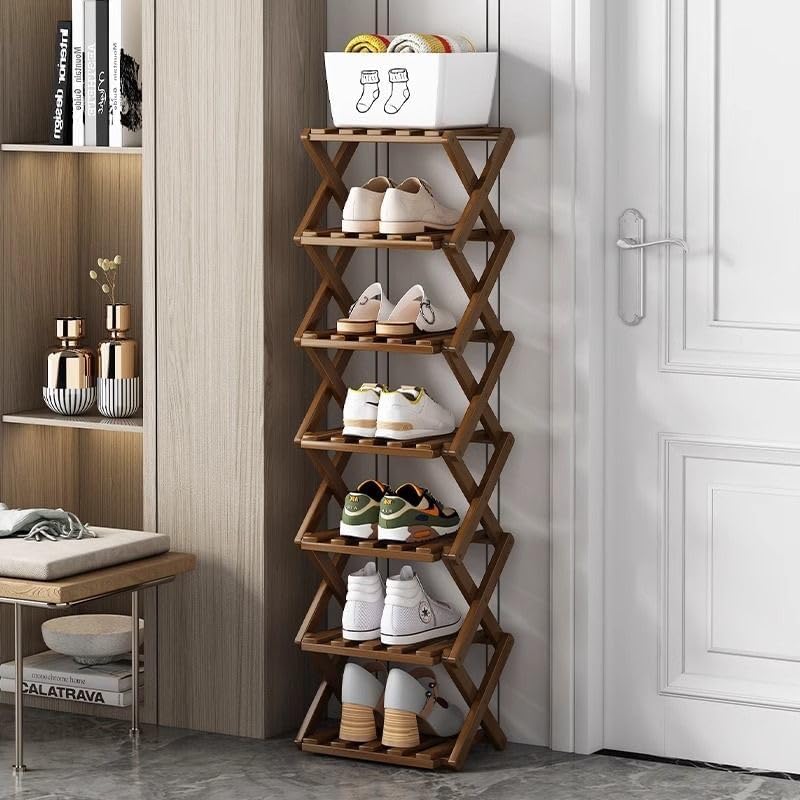 7 Tier Foldable Shoe Rack, Bamboo Vertical Shoe Organizer Tall for Multifunct...
