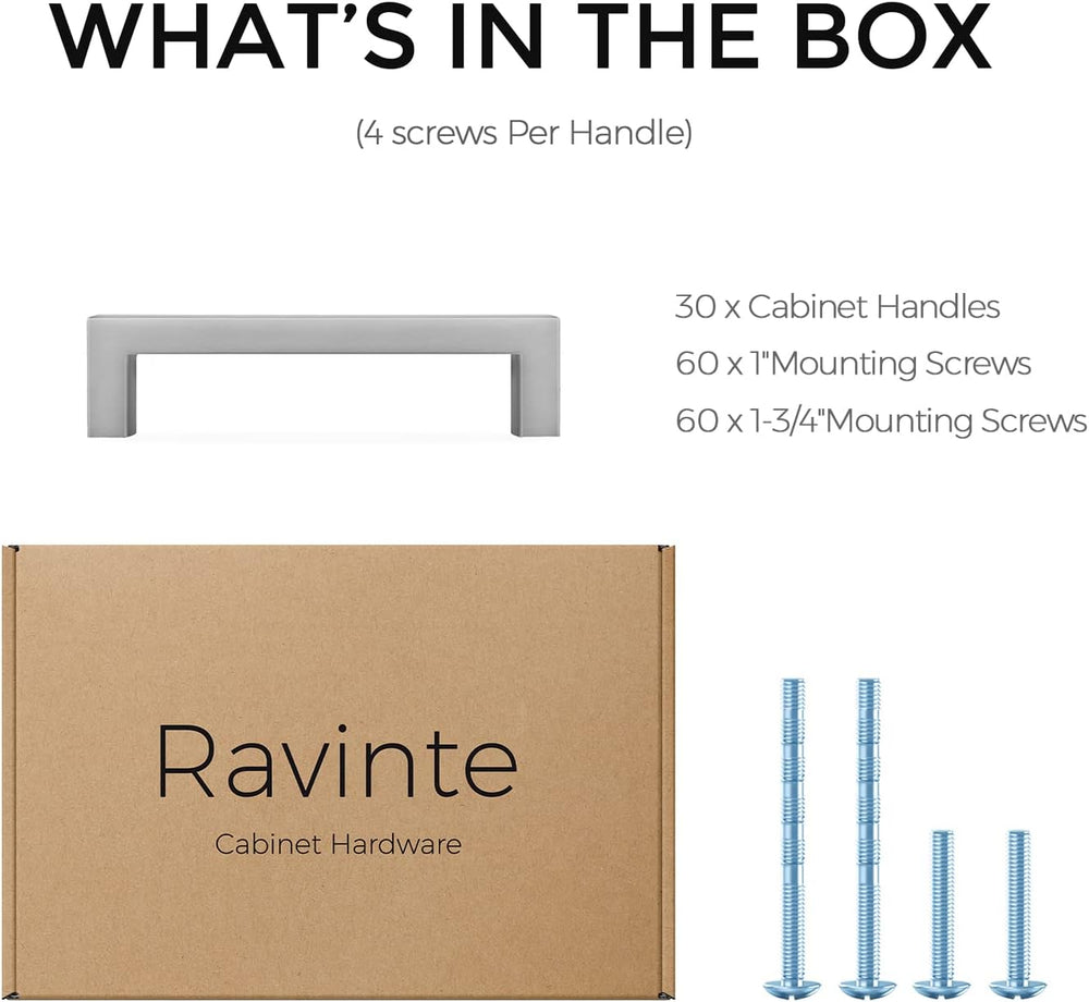 Ravinte Brushed Nickel Square Solid Cabinet Handles, 3 Inch, 30 Pack