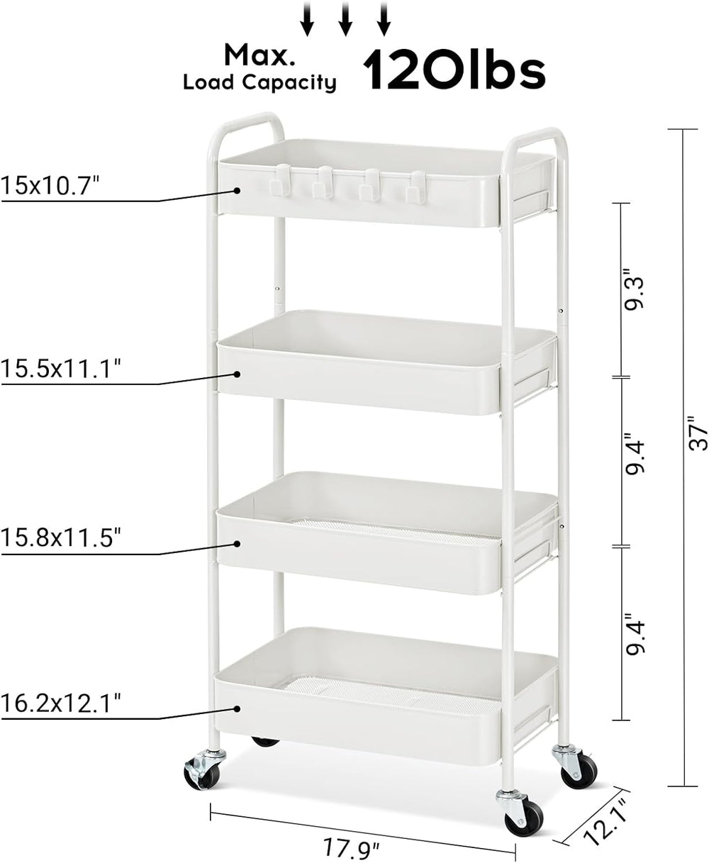 TOOLF 4 Tier Metal Rolling Cart, Utility Storage Cart with Wheels, White