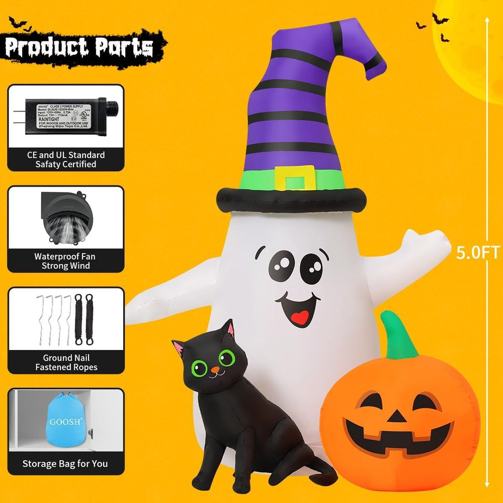 GOOSH 5FT Inflatable Halloween Cute Ghost with The Pumpkin Blow Up Inflatable...